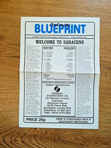 Bedford v Saracens Mar 1987 Rugby Programme