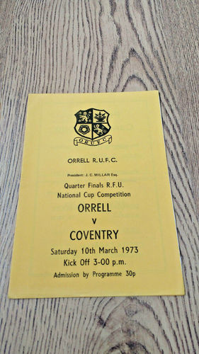 Orrell v Coventry Mar 1973 RFU National Cup Quarter-Final Rugby Programme