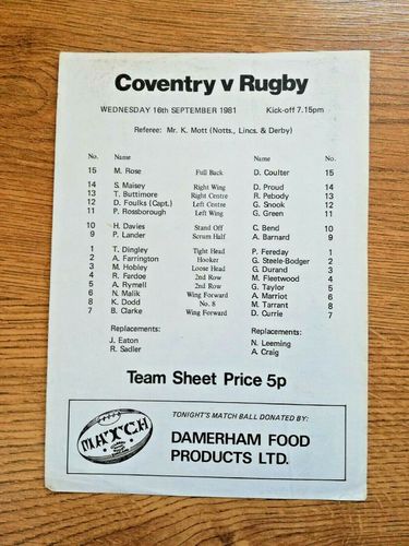Coventry v Rugby Sept 1981 Rugby Teamsheet