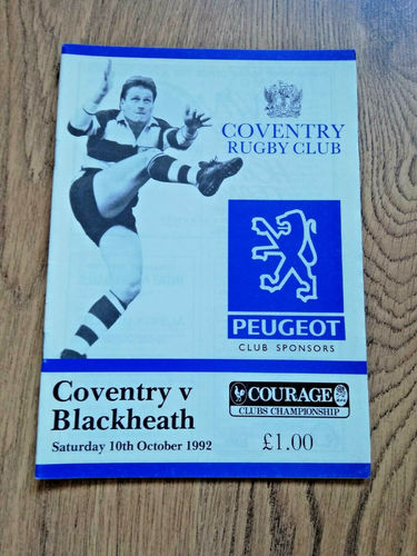 Coventry v Blackheath Oct 1992 Rugby Programme