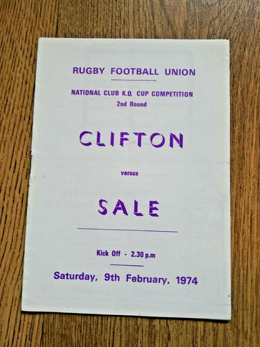 Clifton v Sale Feb 1974 National Club KO Cup 2nd Round Rugby Programme