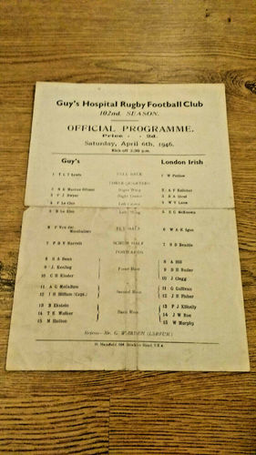 Guy's Hospital v London Irish Apr 1946 Rugby Programme
