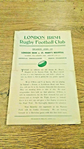 London Irish v St Mary's Hospital Jan 1949 Rugby Programme