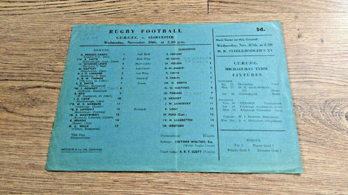 Cambridge University v Gloucester Nov 1957 Rugby Programme