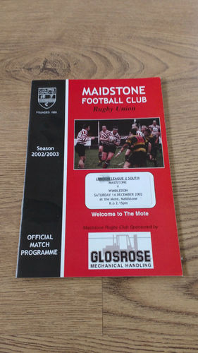 Maidstone v Wimbledon Dec 2002 Rugby Programme