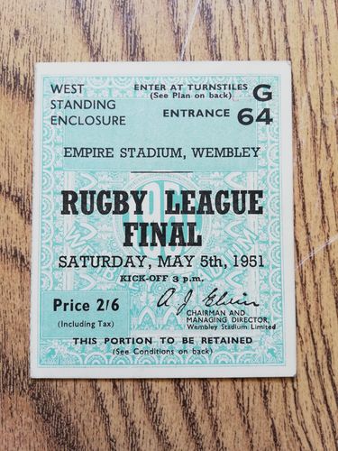 Barrow v Wigan 1951 Challenge Cup Final Used Rugby League Ticket
