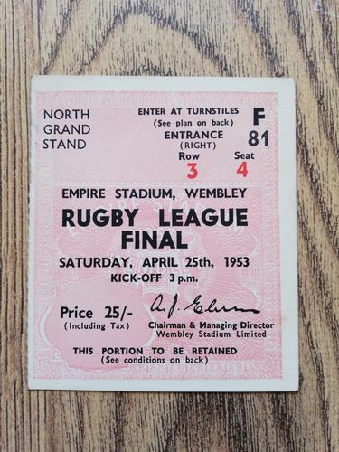 Huddersfield v St Helens 1953 Challenge Cup Final Used Rugby League Ticket