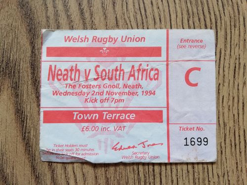 Neath v South Africa Nov 1994 Used Rugby Ticket