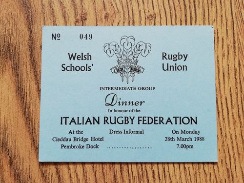 Wales Schools v Italy Schools Mar 1988 Rugby Dinner Invitation Card