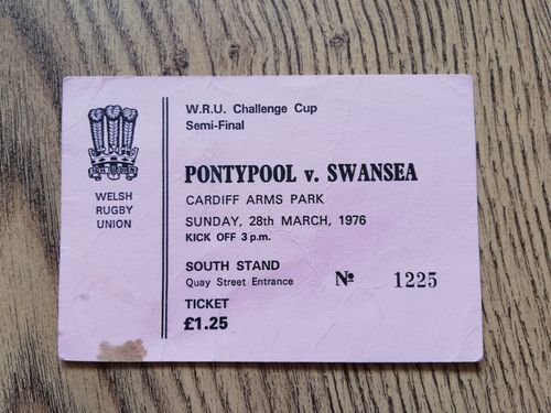 Pontypool v Swansea Mar 1976 Welsh Cup Semi-Final Used Rugby Ticket