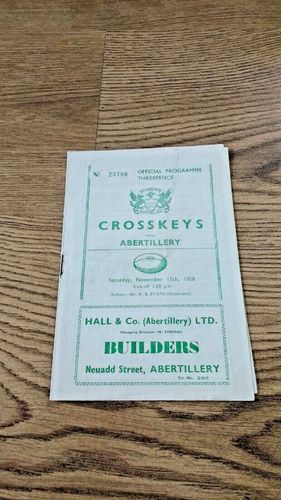 Abertillery v Cross Keys Nov 1958 Rugby Programme