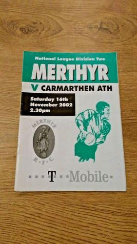 Merthyr v Carmarthen Athletic Nov 2002 Rugby Programme