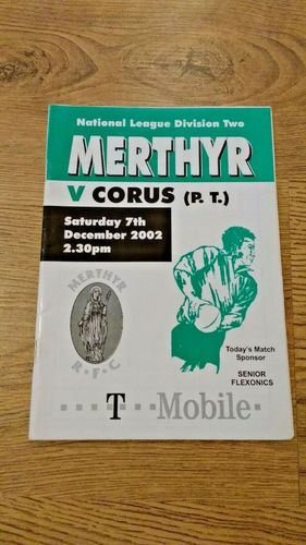 Merthyr v Corus (P.T.) Dec 2002 Rugby Programme
