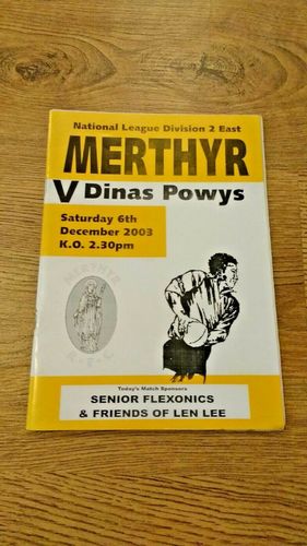 Merthyr v Dinas Powys Dec 2003 Rugby Programme