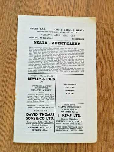 Neath v Abertillery Apr 1964 Rugby Programme