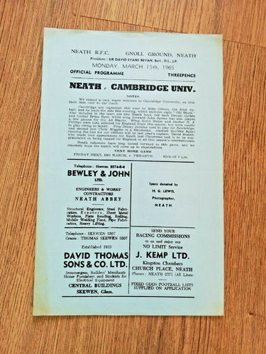 Neath v Cambridge University Mar 1965 Rugby Programme