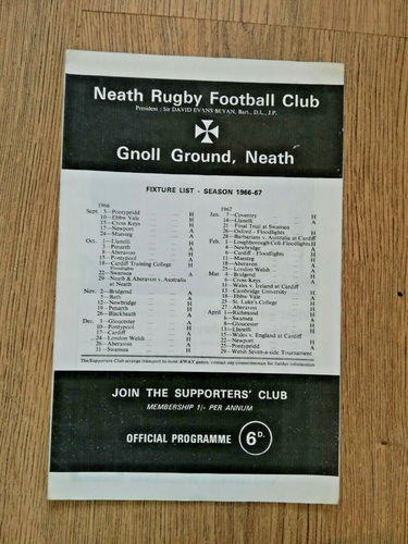 Neath v London Welsh Dec 1966 Rugby Programme