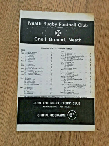 Neath v Llanelli Oct 1968 Rugby Programme