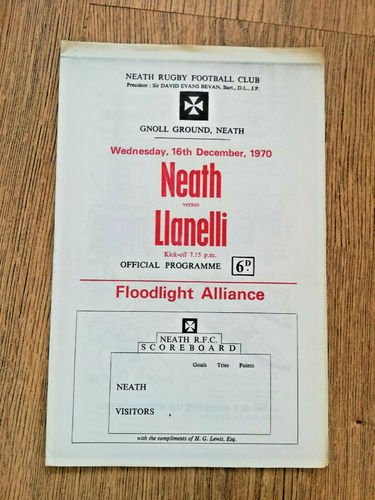 Neath v Llanelli Dec 1970 Rugby Programme