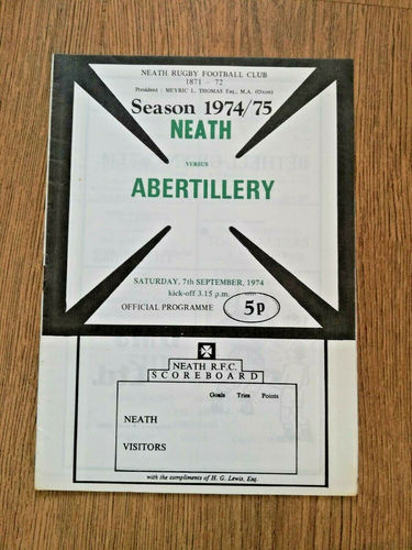 Neath v Abertillery Sept 1974 Rugby Programme