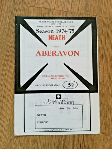 Neath v Aberavon Oct 1974 Rugby Programme