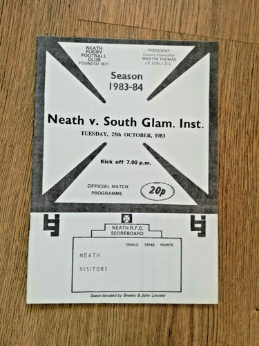 Neath v South Glamorgan Institute Oct 1983 Rugby Programme