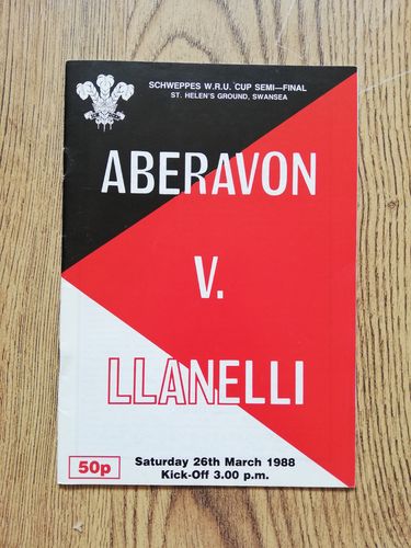 Aberavon v Llanelli Mar 1988 Schweppes Cup Semi-Final Rugby Programme
