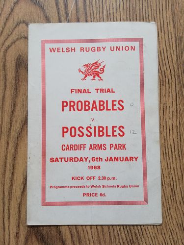 Probables v Possibles Jan 1968 Final Welsh Trial Rugby Programme