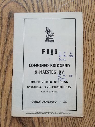 Combined Bridgend & Maesteg XV v Fiji 1964 Rugby Programme