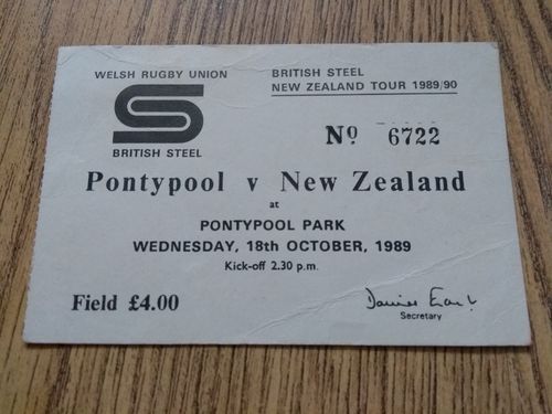 Pontypool v New Zealand Oct 1989 Used Rugby Ticket