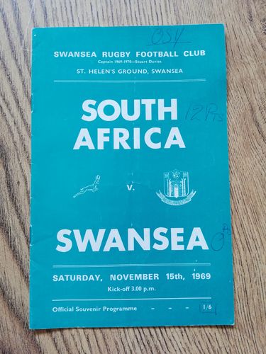 Swansea v South Africa Nov 1969 Rugby Programme