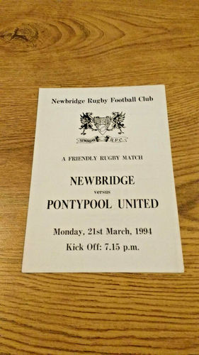Newbridge v Pontypool United Mar 1994 Rugby Programme