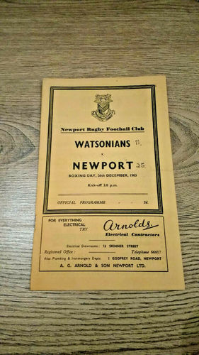 Newport v Watsonians Dec 1963 Rugby Programme