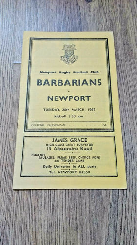 Newport v Barbarians Mar 1967 Rugby Programme