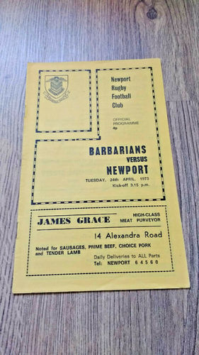 Newport v Barbarians Apr 1973 Rugby Programme