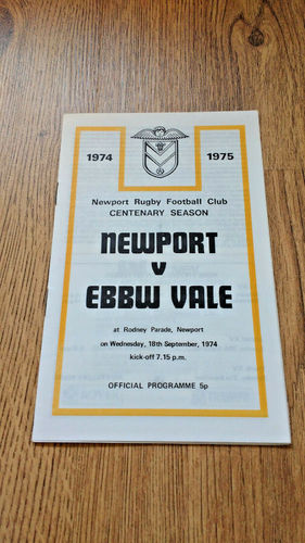 Newport v Ebbw Vale Sept 1974 Rugby Programme