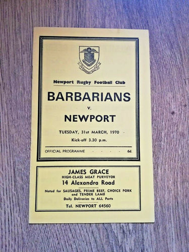 Newport v Barbarians Mar 1970 Rugby Programme