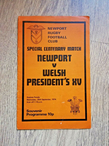 Newport v Welsh President's XV Sept 1974 Rugby Programme