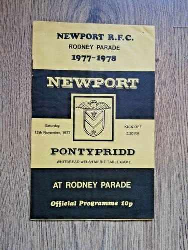 Newport v Pontypridd Nov 1977 Rugby Programme