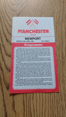 Manchester v Newport Apr 1988 Rugby Programme