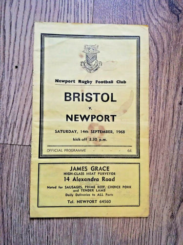 Newport v Bristol Sept 1968 Rugby Programme