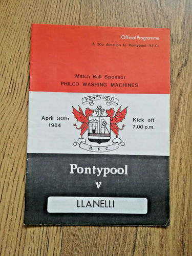 Pontypool v Llanelli Apr 1984 Rugby Programme