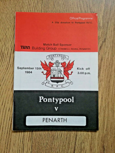 Pontypool v Penarth Sept 1984 Rugby Programme