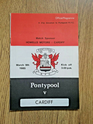 Pontypool v Cardiff Mar 1985 Rugby Programme