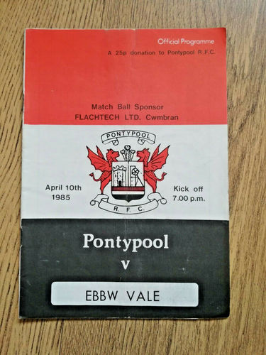 Pontypool v Ebbw Vale Apr 1985 Rugby Programme