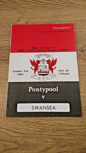 Pontypool v Swansea Oct 1985 Rugby Programme