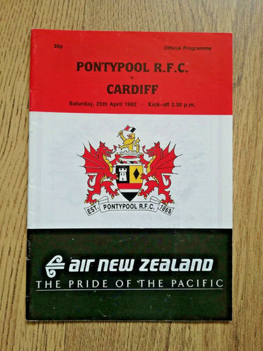 Pontypool v Cardiff Apr 1992 Rugby Programme