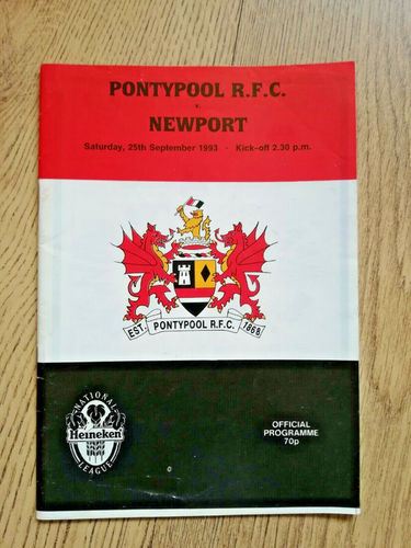 Pontypool v Newport Sept 1993 Rugby Programme