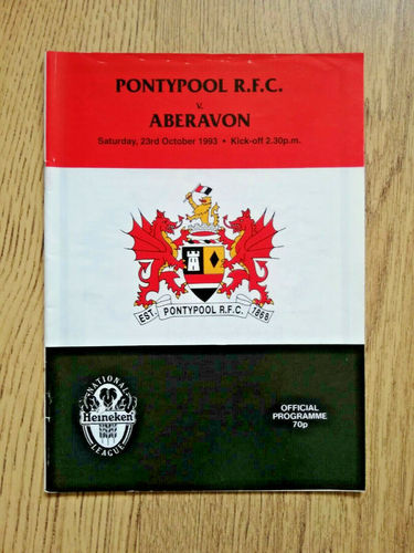 Pontypool v Aberavon Oct 1993 Rugby Programme