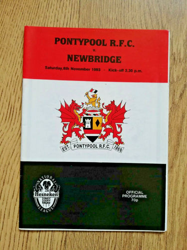 Pontypool v Newbridge Nov 1993 Rugby Programme
